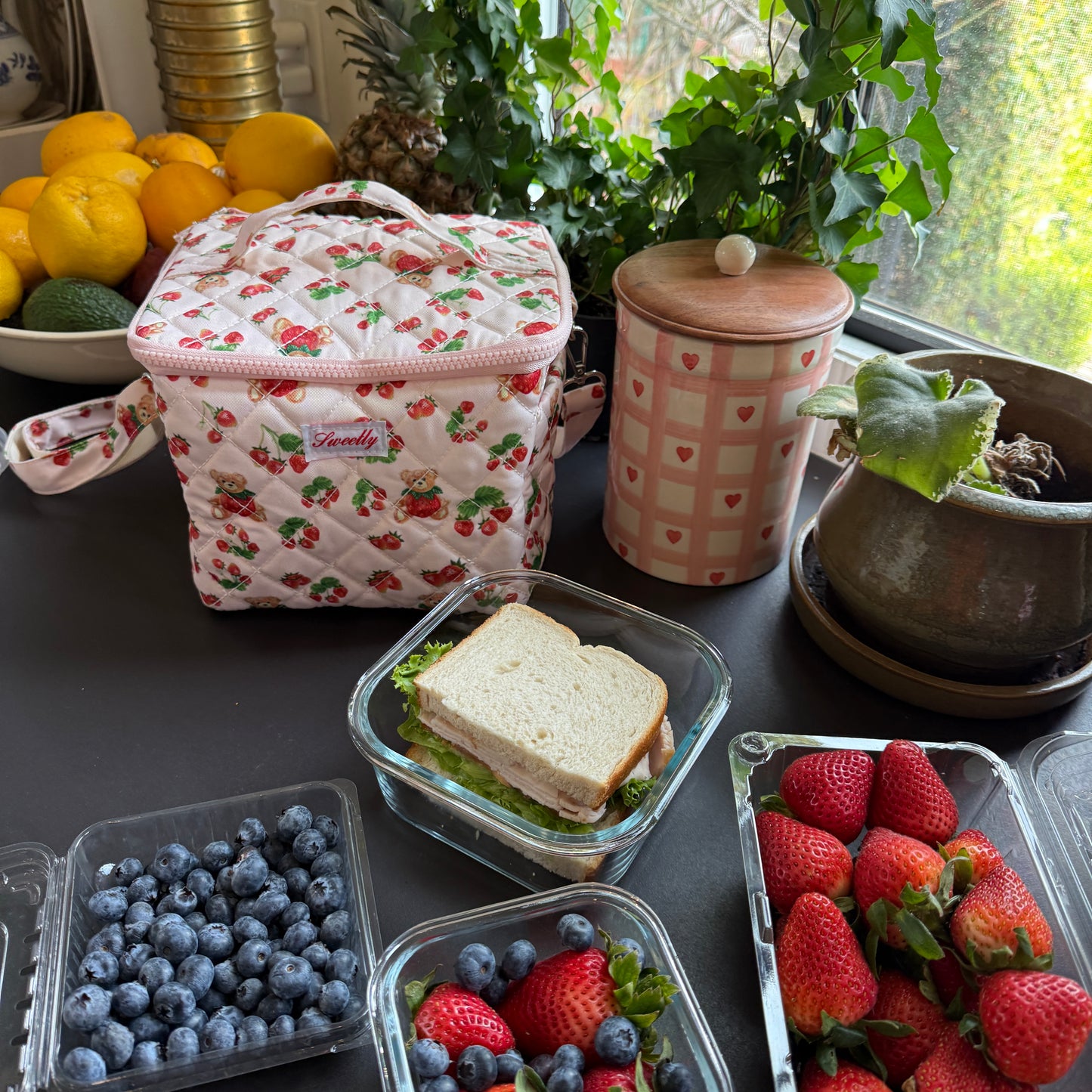 strawberry bear quilted lunch box