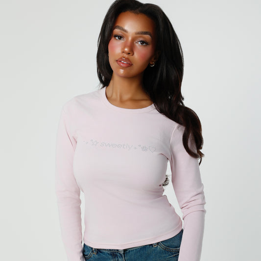 sweetly rhinestone logo long sleeve